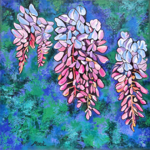 fleurs de glycine parme, acrylique figurative, par meryl artiste peintre