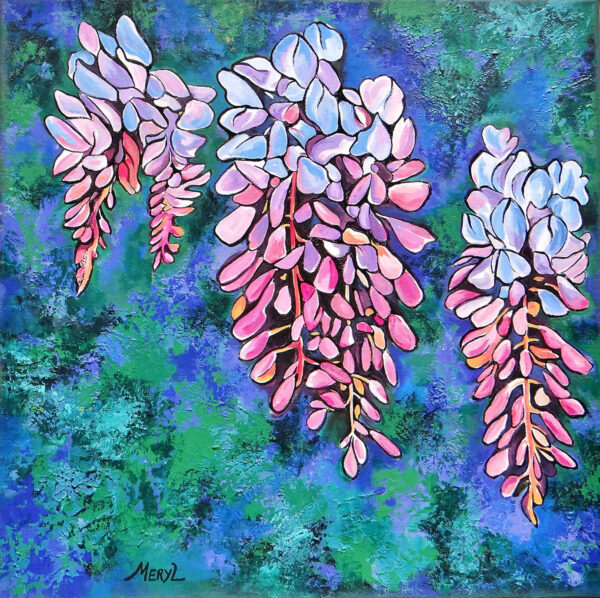 fleurs de glycine parme, acrylique figurative, par meryl artiste peintre