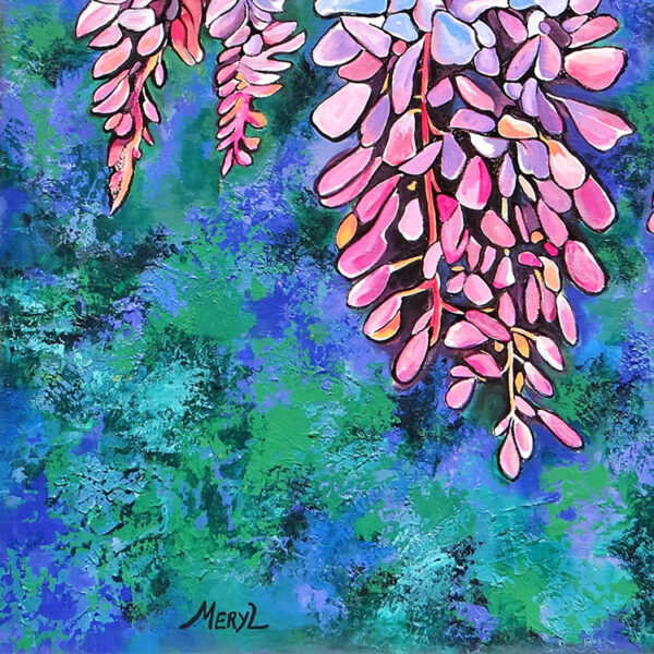 détail fleurs de glycine parme, acrylique figurative, par meryl artiste peintre
