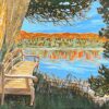Reflets d'automne Peinture figurative, lac en automne, bleu et ocre, acrylique sur toile, par Meryl Artiste Peintre