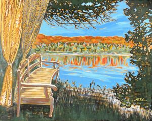 Reflets d'automne Peinture figurative, lac en automne, bleu et ocre, acrylique sur toile, par Meryl Artiste Peintre