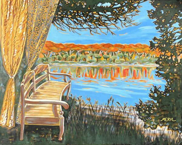 Reflets d'automne Peinture figurative, lac en automne, bleu et ocre, acrylique sur toile, par Meryl Artiste Peintre