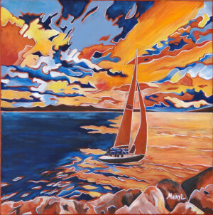 Voilier au coucher du soleil sur le port de Sanary sur mer, peinture à l'acrylique par Meryl artiste peintre