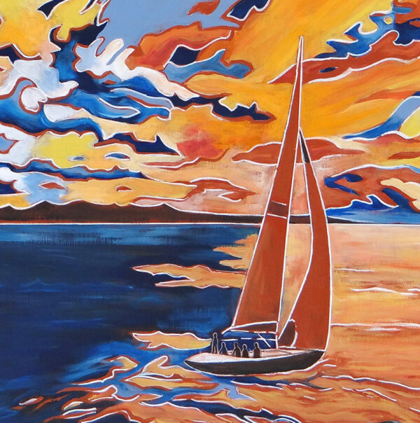 détail du tableau Voilier au coucher du soleil sur le port de Sanary sur mer, peinture à l'acrylique par Meryl artiste peintre