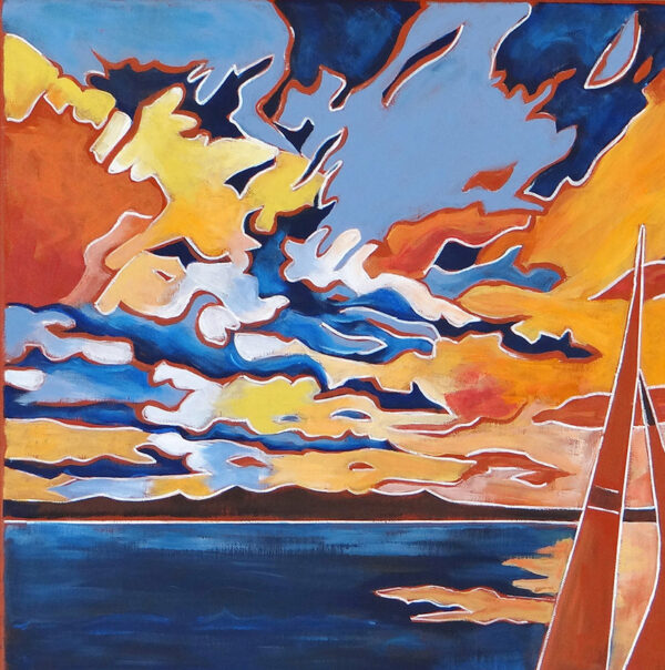 Détail coucher du soleil sur le port de Sanary sur mer, peinture à l'acrylique par Meryl artiste peintre