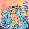 Peinture figurative, Rêves bleus, bleu et pêche, portrait, acrylique sur toile, par Meryl Artiste peintre