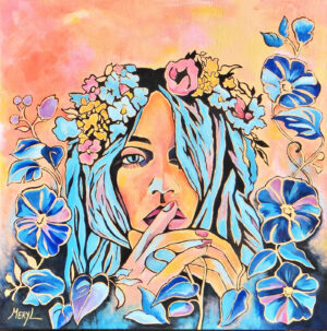 Rêves bleus Peinture figurative, Rêves bleus, bleu et pêche, portrait, acrylique sur toile, par Meryl Artiste peintre
