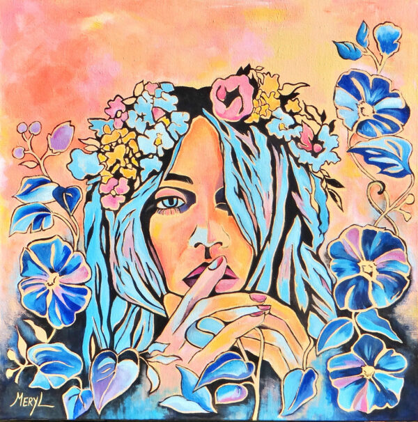 Peinture figurative, Rêves bleus, bleu et pêche, portrait, acrylique sur toile, par Meryl Artiste peintre