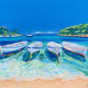 Rêves d'évasion Peinture acrylique Porquerolles barques sur la plage de rêve turquoise, par Meryl artiste peintre