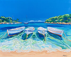 Peinture acrylique Porquerolles barques sur la plage de rêve turquoise, par Meryl artiste peintre