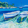 Rêves d'évasion détail Détail de Peinture figurative Porquerolles barques sur la plage de rêve turquoise, par Meryl artiste peintre