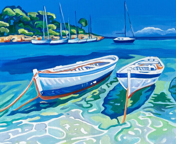 Rêves d'évasion détail Détail de Peinture figurative Porquerolles barques sur la plage de rêve turquoise, par Meryl artiste peintre