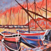 Voiliers et pointus de Sanary sur mer au coucher du soleil, acrylique sur toile par Meryl