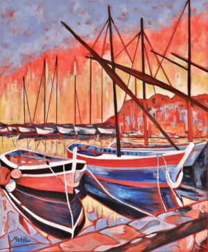 Voiliers et pointus de Sanary sur mer au coucher du soleil, acrylique sur toile par Meryl