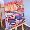 vue latérale de la toile - Voiliers et pointus de Sanary sur mer au coucher du soleil, acrylique sur toile par Meryl