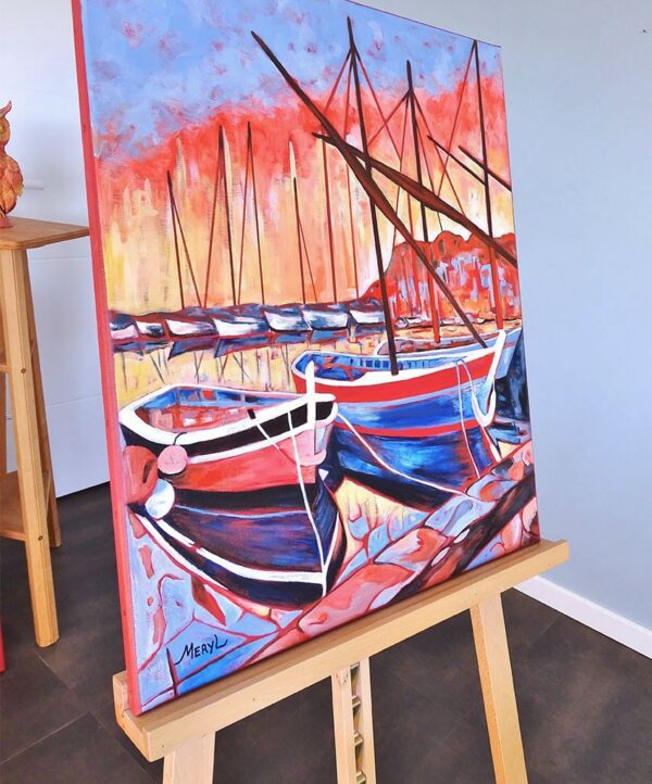 vue latérale de la toile - Voiliers et pointus de Sanary sur mer au coucher du soleil, acrylique sur toile par Meryl