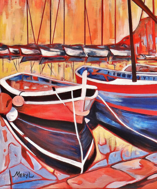Tableau figuratif acrylique port de Sanary sur mer le soir, par Meryl artiste peintre