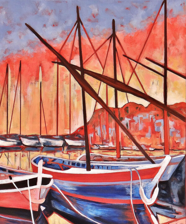 Voiliers et pointus de Sanary sur mer au coucher du soleil, acrylique sur toile par Meryl
