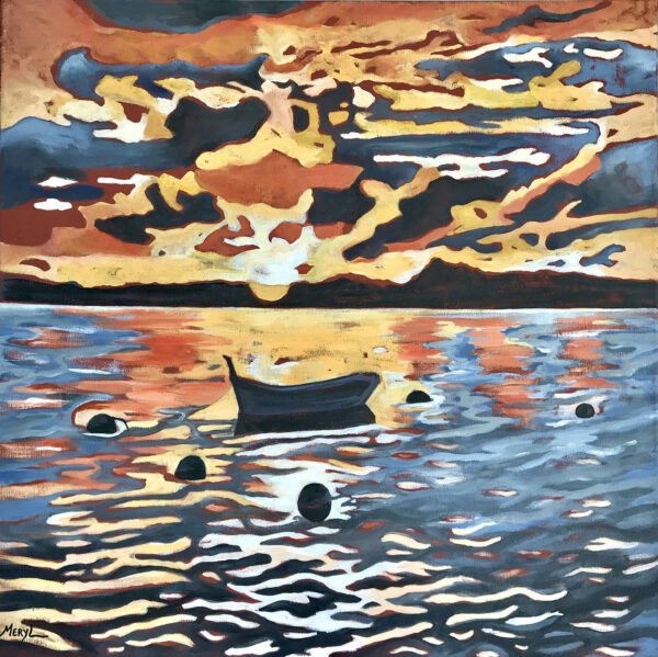 barque au coucher du soleil au Brusc, peinture figurative de Meryl artiste peintre