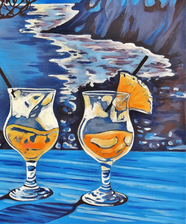 Gros plan sur le tableau, sur les verres de cocktail devant un paysage marin, par Meryl