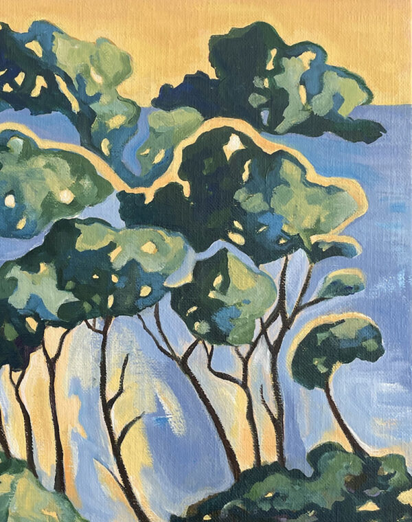 Peinture acrylique figurative, détail pins bord de mer, par Meryl artiste peintre