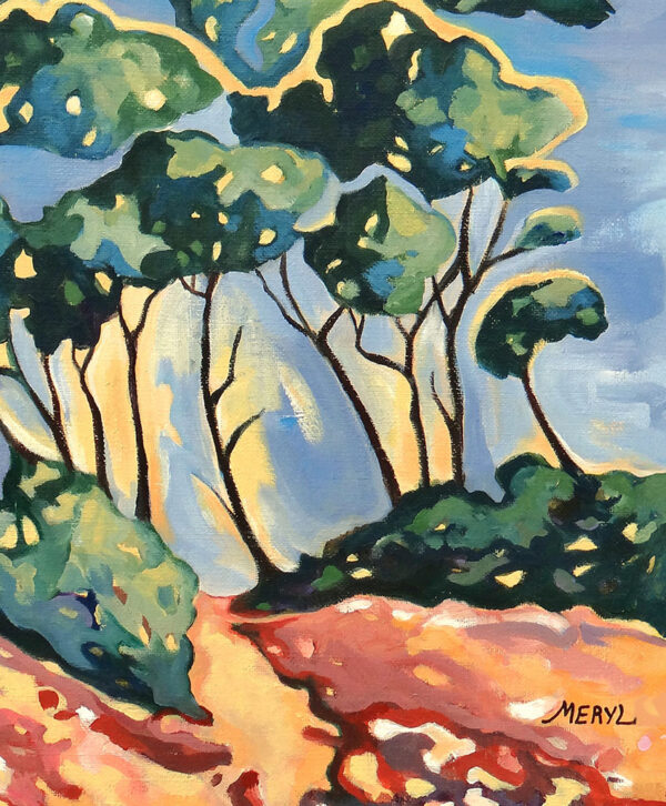 Peinture acrylique figurative, détail pins bord de mer, par Meryl artiste peintre