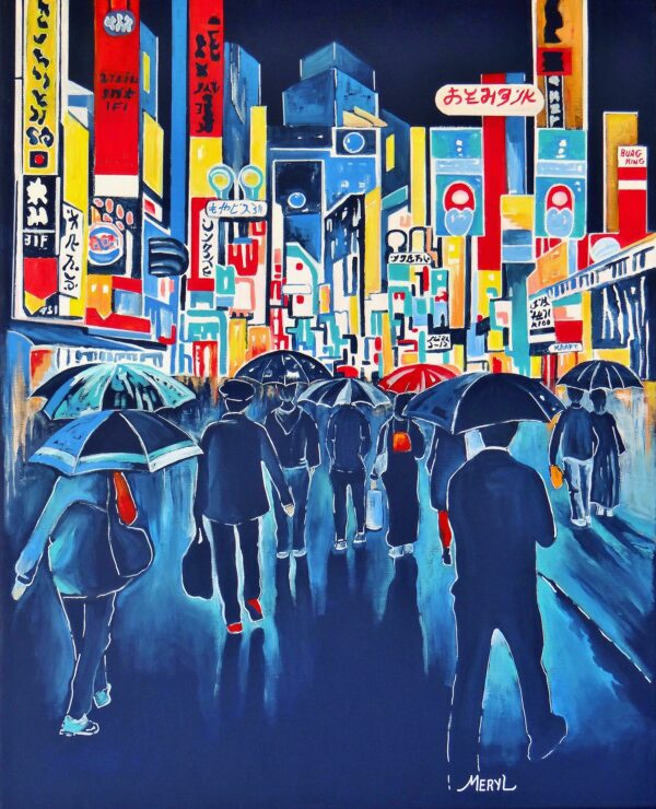 Peinture figurative de Tokyo, bleu et multicolore, acrylique sur toile, par Meryl Artiste Peintre