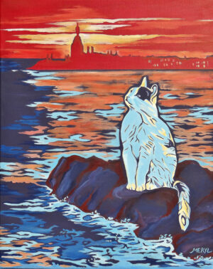 Peinture figurative veilleur de nuit, bleu et orange, bord de mer, acrylique sur toile, par Meryl Artiste Peintre