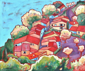 Peinture figurative - village perché en Provence - huile sur toile, par Meryl Artiste Peintre
