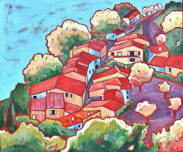 Peinture figurative - village perché en Provence - huile sur toile, par Meryl Artiste Peintre