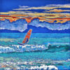 Peinture figurative, surf sur les vagues, orange et bleu, acrylique sur toile, par Meryl