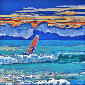 Peinture figurative, surf sur les vagues, orange et bleu, acrylique sur toile, par Meryl