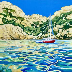 Rivages méditerranéens A fleur d'eau – peinture acrylique tons bleus et vert par Meryl artiste peintre