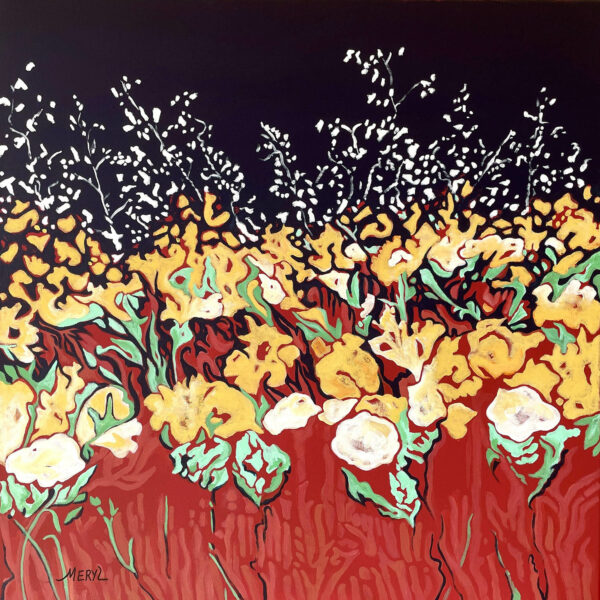 Tableau fleurs au vent - ocre jaune blanc - flânerie au jardin