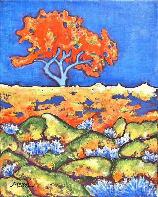 un accacia orange dans la lande, paysage imaginaire