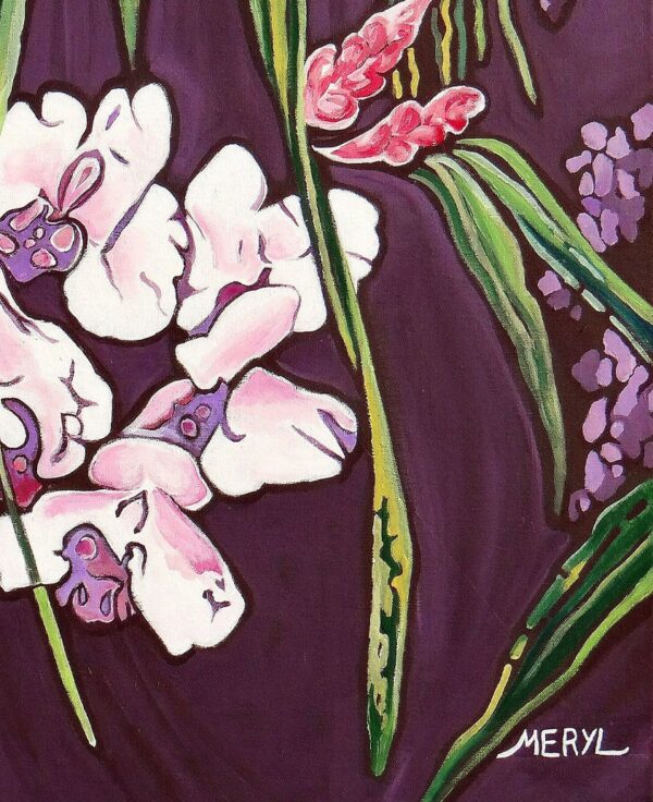 Détail d'une peinture de fleurs exotiques - rose et violet