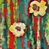 Toile semi abstraite, fleurs jaune, fond rouge vert, style japonais, par Meryl