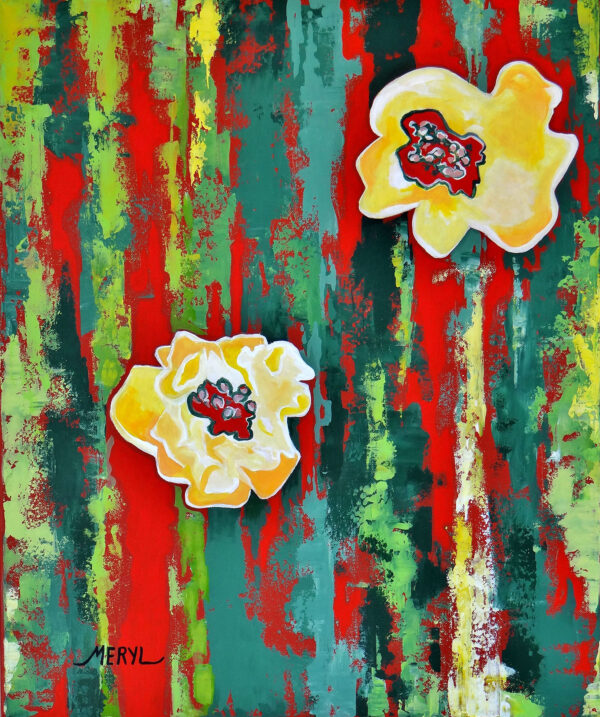 Toile semi abstraite, fleurs jaune, fond rouge vert, style japonais, par Meryl