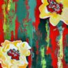 Gros plan sur la toile Ambiance japonaise, fleurs jaune, fond rouge vert, par Meryl