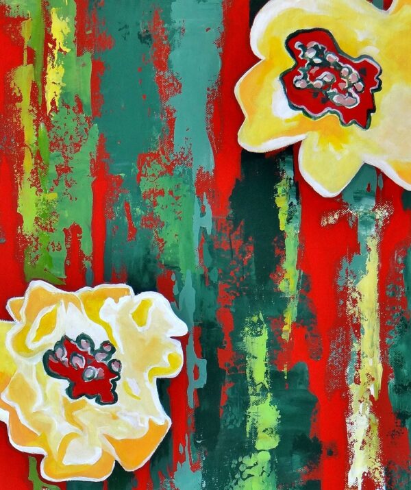 Gros plan sur la toile Ambiance japonaise, fleurs jaune, fond rouge vert, par Meryl