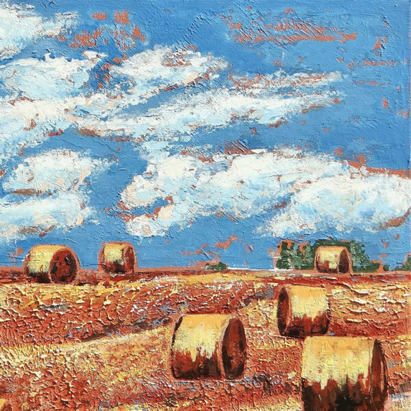 Peinture d'un champ avec bottes de foin, ocre jaune, bleu, acrylique par Meryl