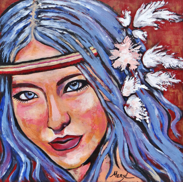 Peinture figurative, bleu et pêche, portrait Ashley, acrylique sur toile, par Meryl Artiste peintre