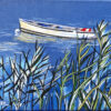 Peinture figurative, barque sur le lac, bleu et blanc, acrylique sur toile, par Meryl Artiste Peintre