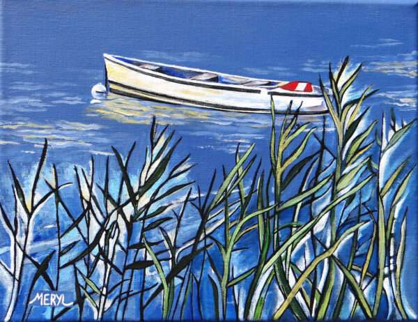 Peinture figurative, barque sur le lac, bleu et blanc, acrylique sur toile, par Meryl Artiste Peintre