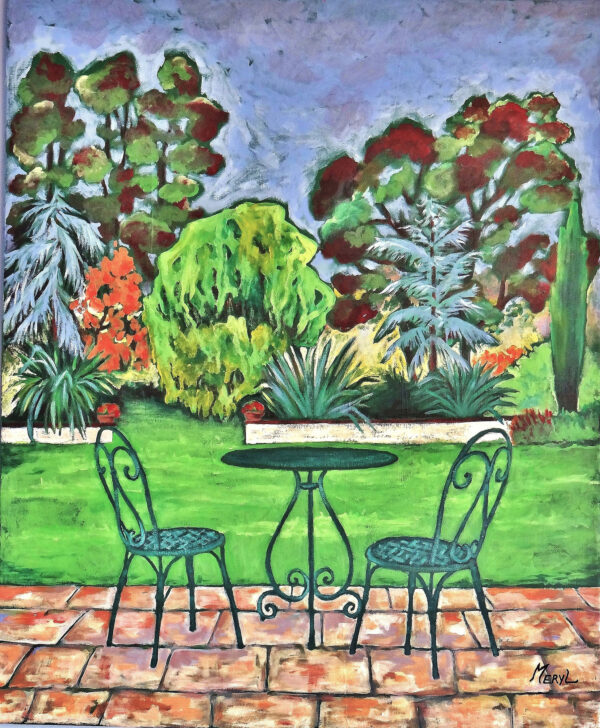 Peinture figurative bleu et vert, jardin enchanté, acrylique sur toile, par Meryl Artiste Peintre