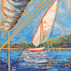 Peinture figurative, felouque sur le Nil, bleu et blanc, acrylique sur toile, par Meryl