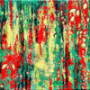 Peinture abstraite, rouge jaune vert, nature et codes japonais, par Meryl artiste peintre