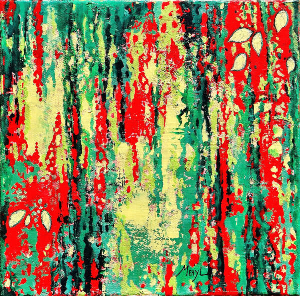 Peinture abstraite, rouge jaune vert, nature et codes japonais, par Meryl artiste peintre