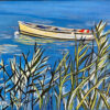 Petits formats, barque sur l'eau près des roseaux, peinture par Meryl artiste peintre