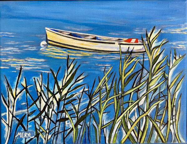 Petits formats, barque sur l'eau près des roseaux, peinture par Meryl artiste peintre